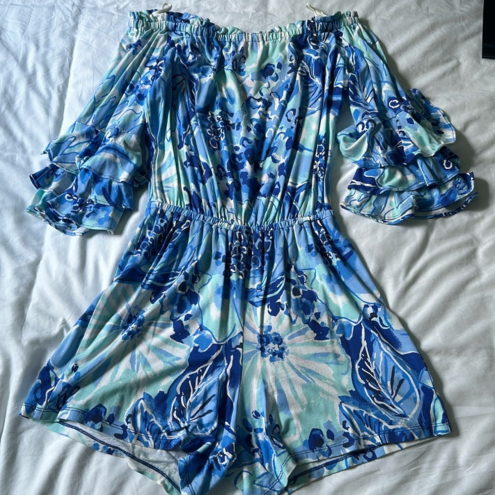 Women’s off the shoulder Lilly Pulitzer romper.